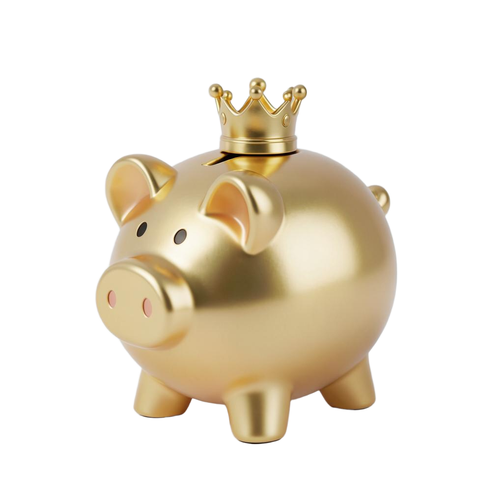 Golden piggy bank wearing a crown